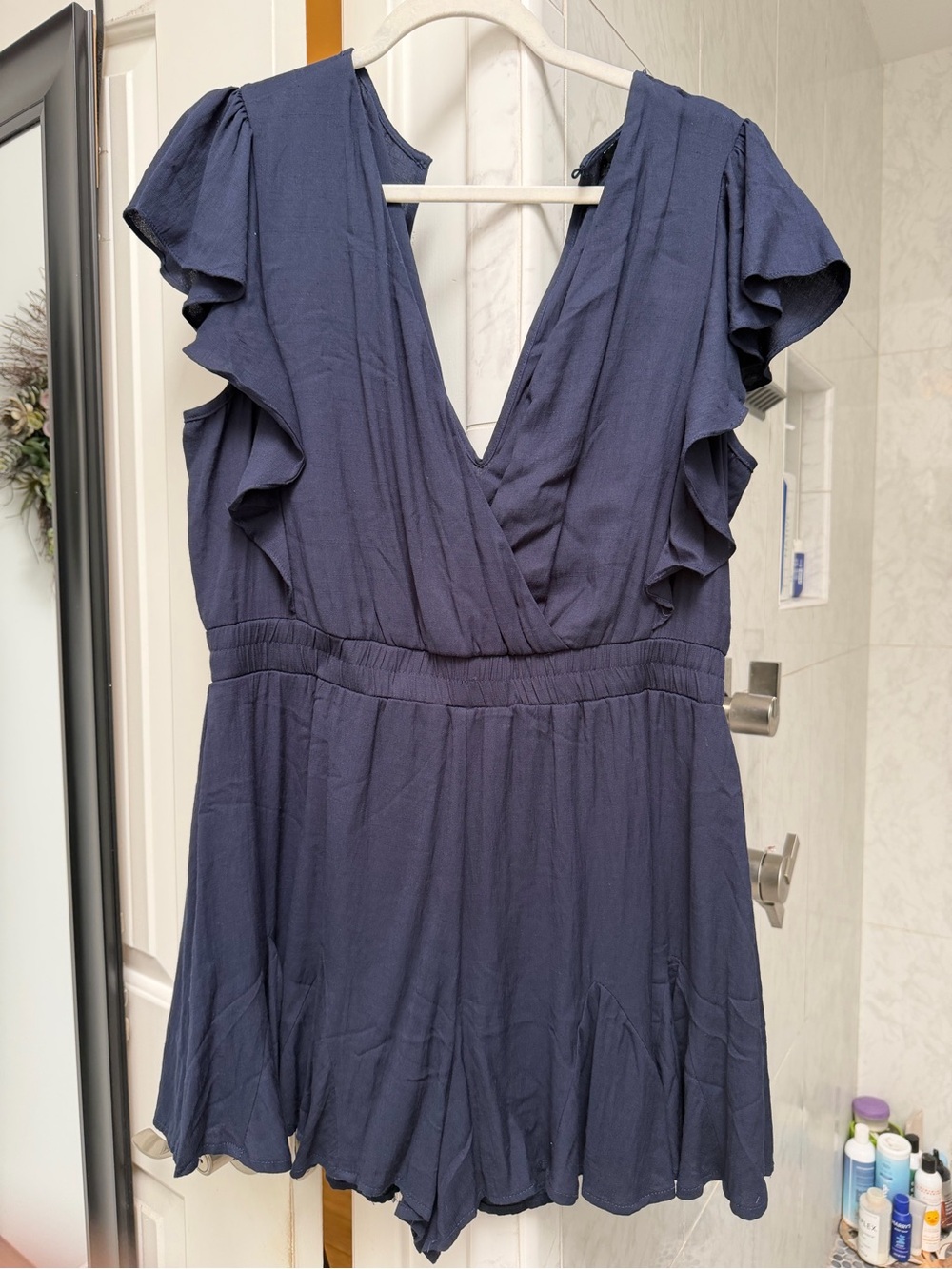 Trixxi Navy Deep V Ruffle Sleeve Mini Dress